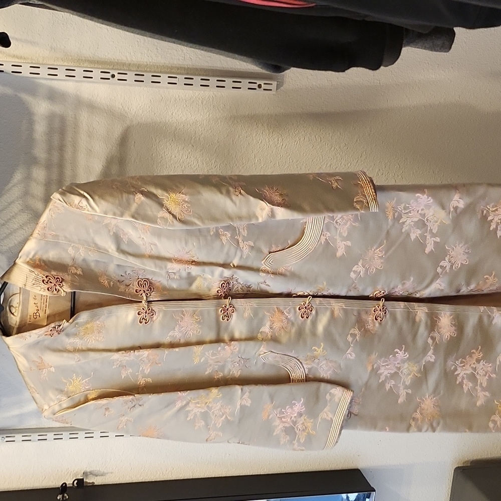 Silk Embroidered Long Coat - Pale Gold & Pink
